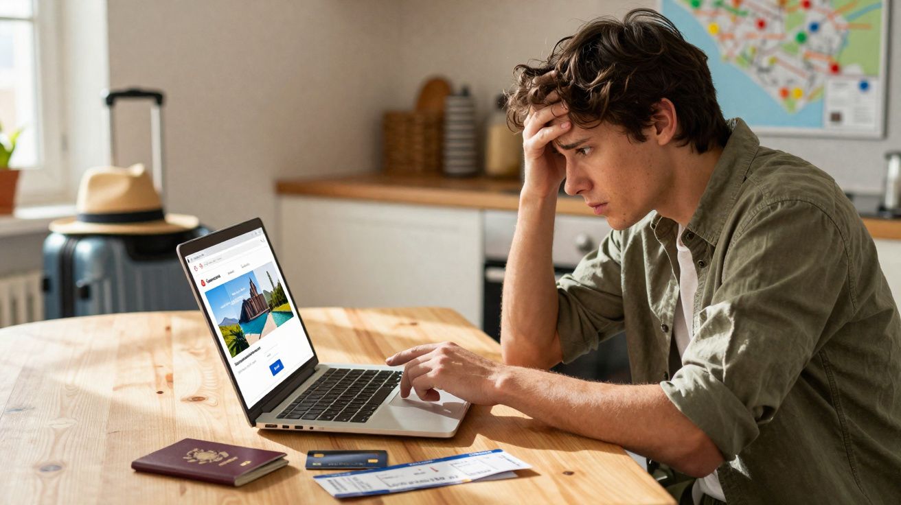 Homem preocupado a consultar reservas de viagem no computador com passaporte e cartões em mesa de madeira.