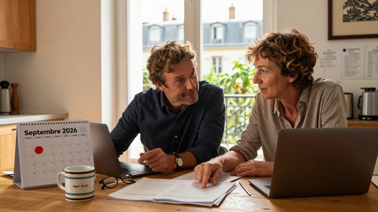 Casal sénior a discutir documentos no escritório com calendário de setembro de 2026 visível na mesa.
