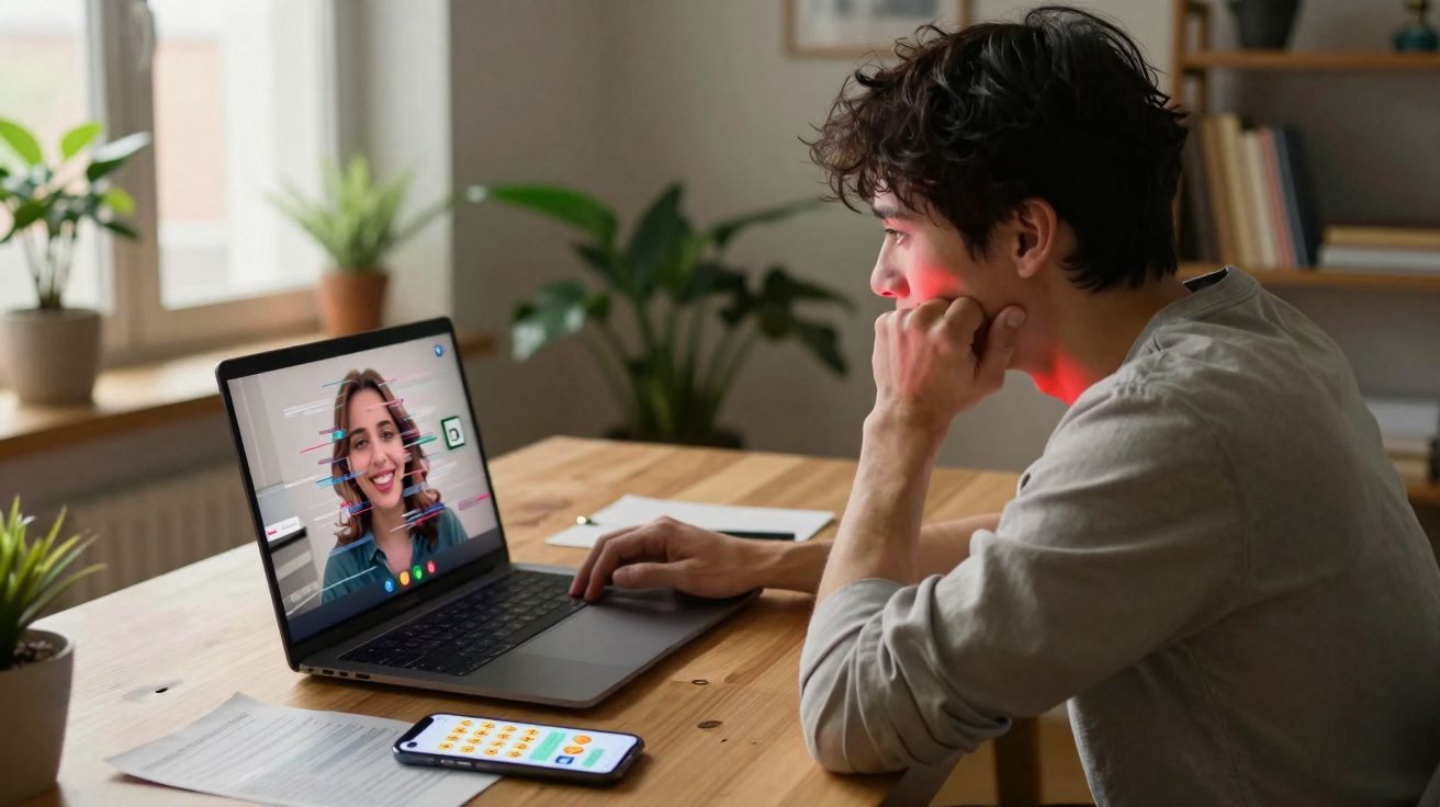 Jovem a fazer videochamada com uma mulher num portátil numa mesa com plantas e objetos.