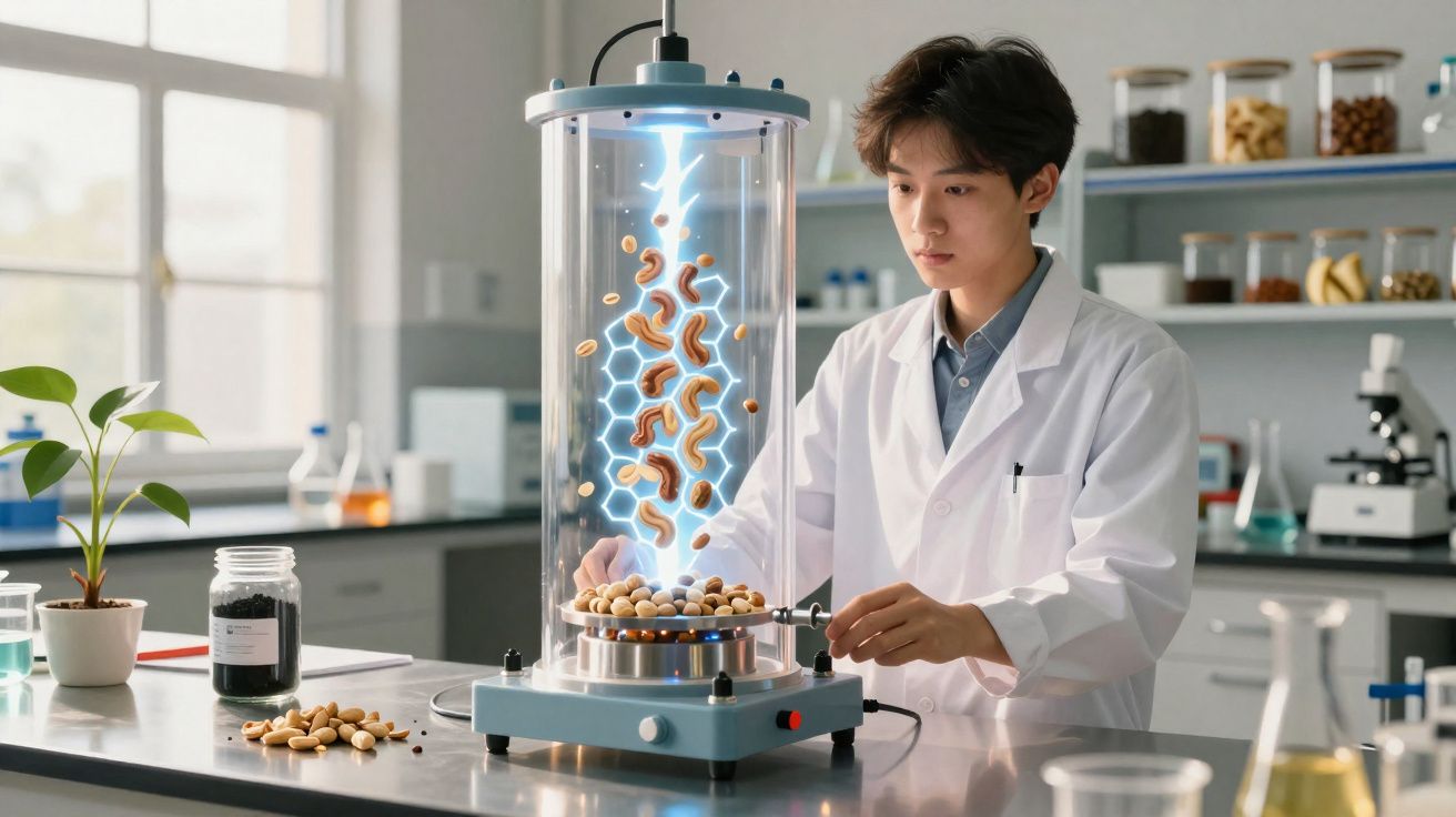 Cientista em laboratório a estudar tecnologia futurista com amendoins dentro de cilindro luminoso.