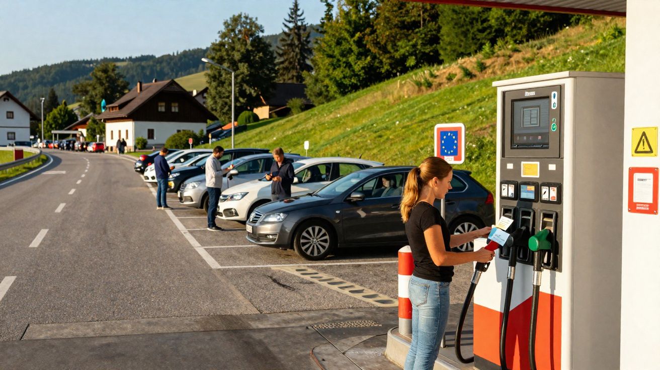 Mulher a abastecer carro numa bomba de gasolina com mais pessoas e carros estacionados numa área rural.
