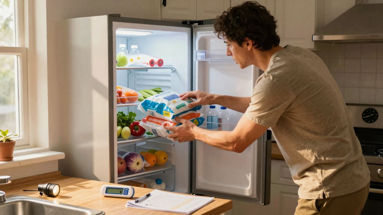 Homem a colocar pacotes de alimentos no frigorífico numa cozinha iluminada a luz natural.