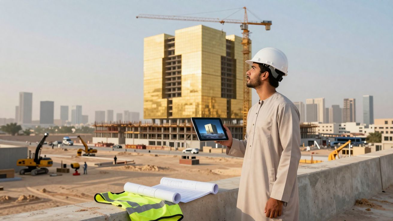 Engenheiro com capacete e tablet numa obra com prédio dourado em construção ao fundo.