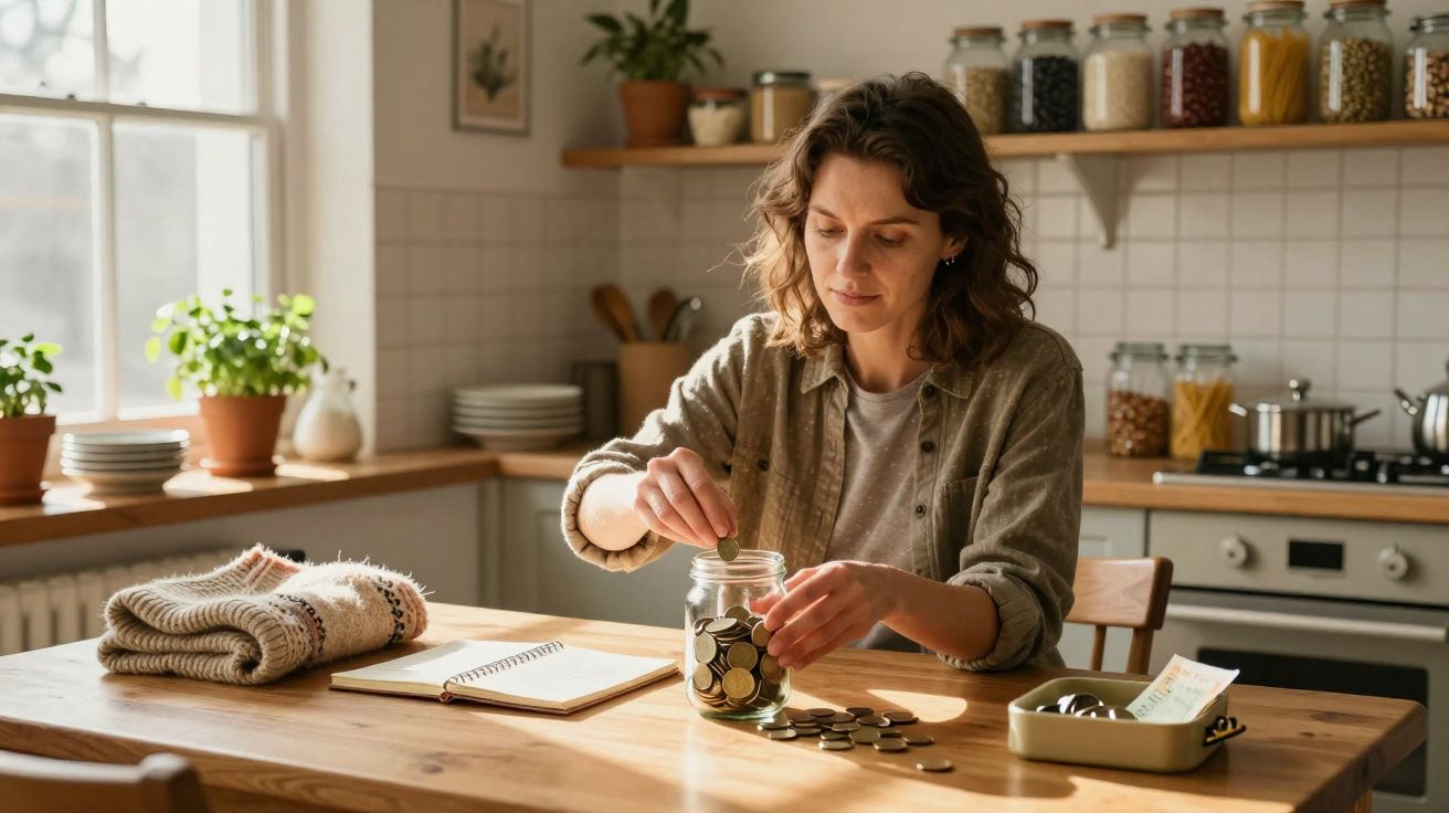 Mulher sentada à mesa da cozinha a guardar moedas num frasco transparente, com caderno aberto e roupa dobrada.