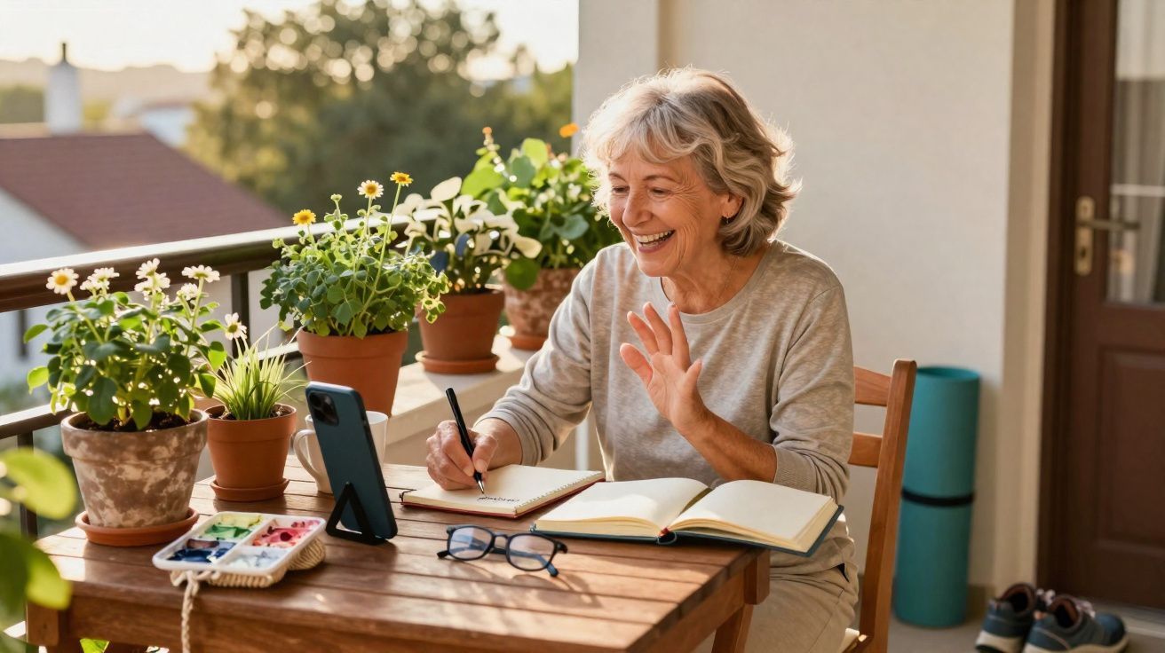 Mulher sénior sentada numa varanda a escrever e a acenar para um telemóvel apoiado numa mesa com plantas.