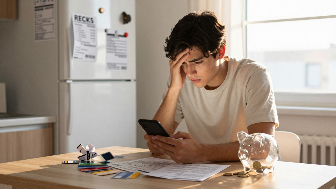 Jovem preocupado analisa documentos e cartões de crédito na mesa da cozinha, com cofrinho transparente e moedas.