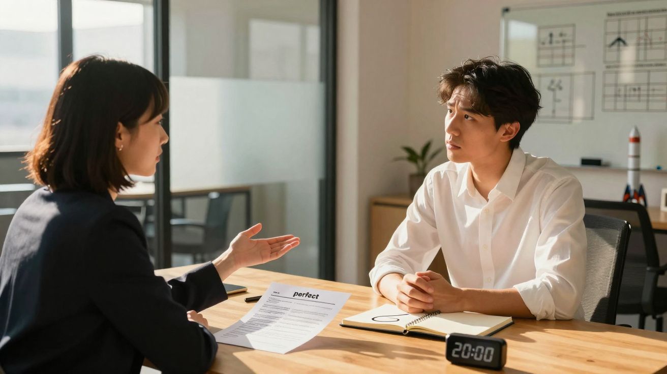 Duas pessoas numa entrevista de trabalho, uma a falar e outra a ouvir atentamente numa sala de escritório.