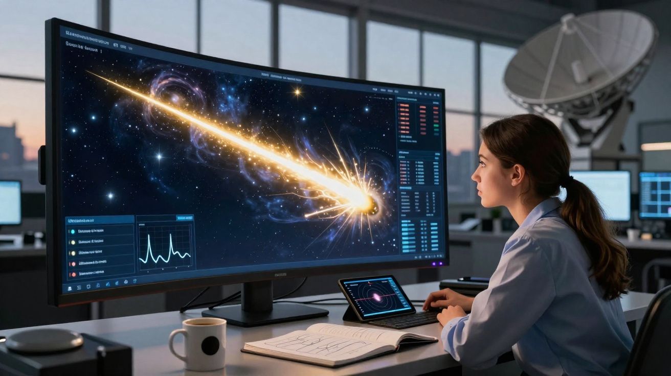 Mulher cientista analisa imagem digital de meteoro brilhante em ecrã curvo num laboratório moderno.