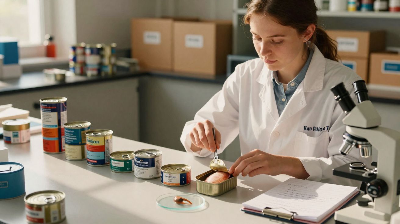 Jovem cientista em bata branca analisa comida enlatada numa bancada de laboratório com microscópio.