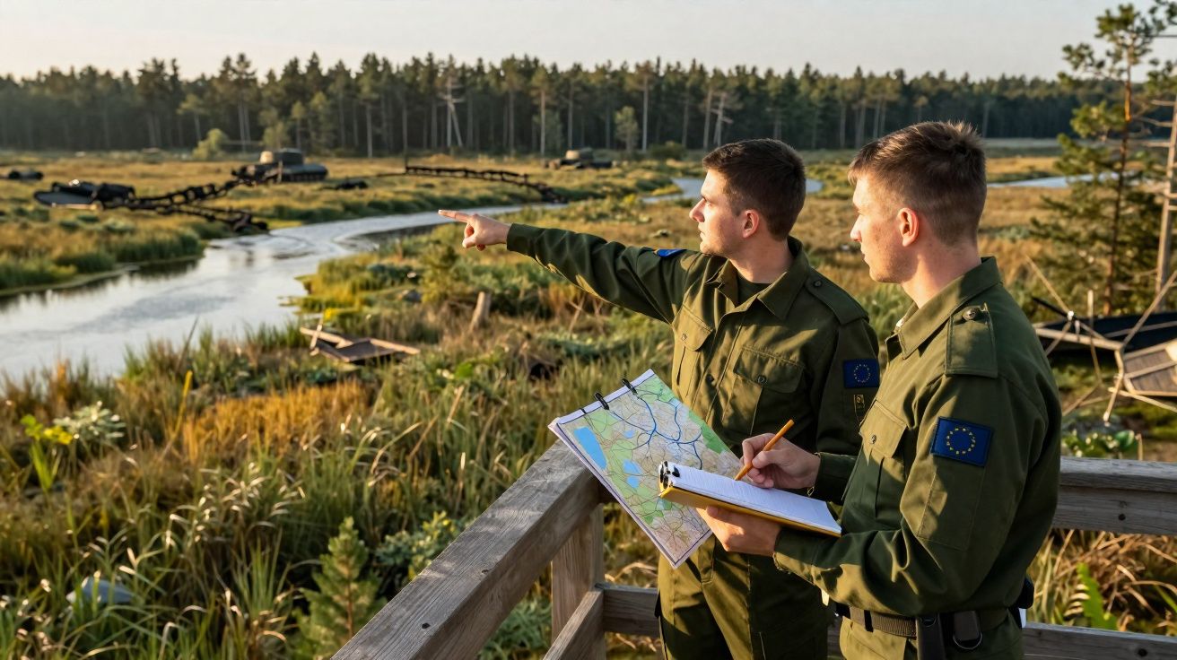 Dois soldados em uniforme verde observam e planeiam perto de um rio e vegetação densa durante o dia.