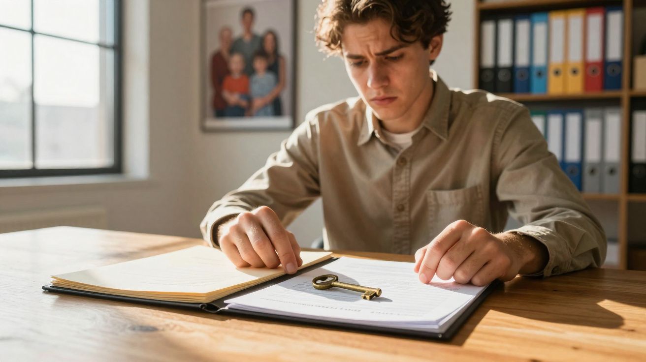 Jovem concentrado a ler documentos numa pasta com uma chave antiga sobre a mesa de madeira.