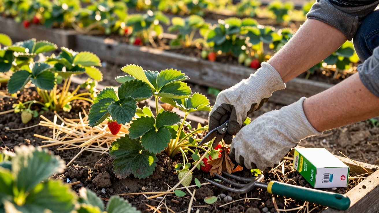 Pessoa a cuidar de planta de morango num jardim, usando luvas e tesoura de poda.