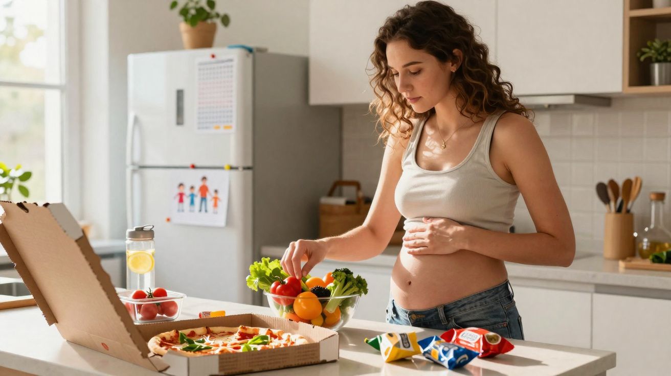 Mulher grávida escolhe legumes secos enquanto está na cozinha com pizza e snacks na bancada.