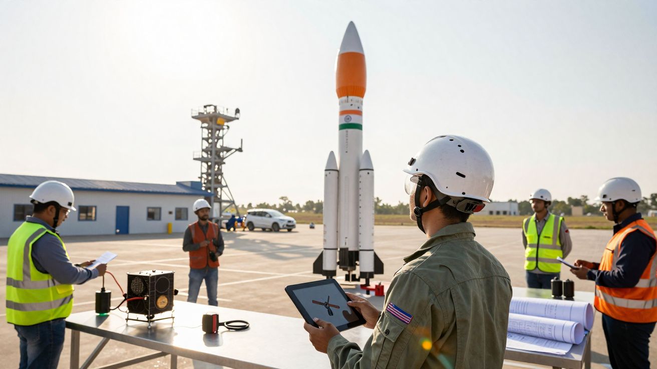 Equipa com capacetes e coletes de segurança prepara lançamento de foguete num centro de testes ao ar livre.