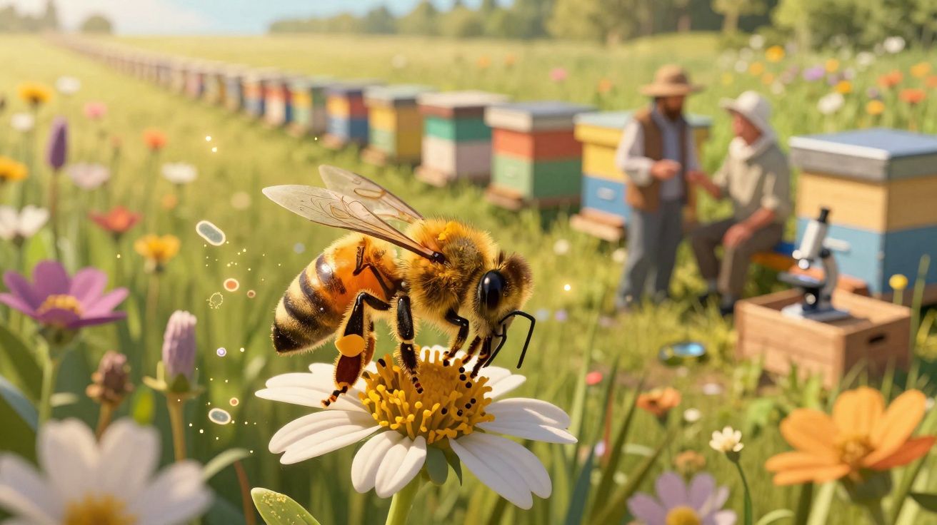 Abelha a recolher pólen numa margarida com colmeias e apicultores desfocados ao fundo num campo florido.