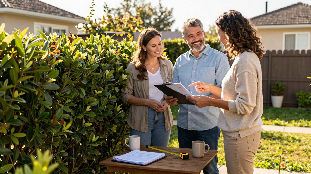 Duas mulheres e um homem conversam sorrindo num jardim, com prancheta e utensílios de medição numa mesa.