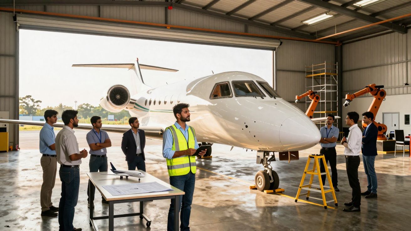 Homens em reunião técnica num hangar com jato privado e braços robóticos ao fundo.