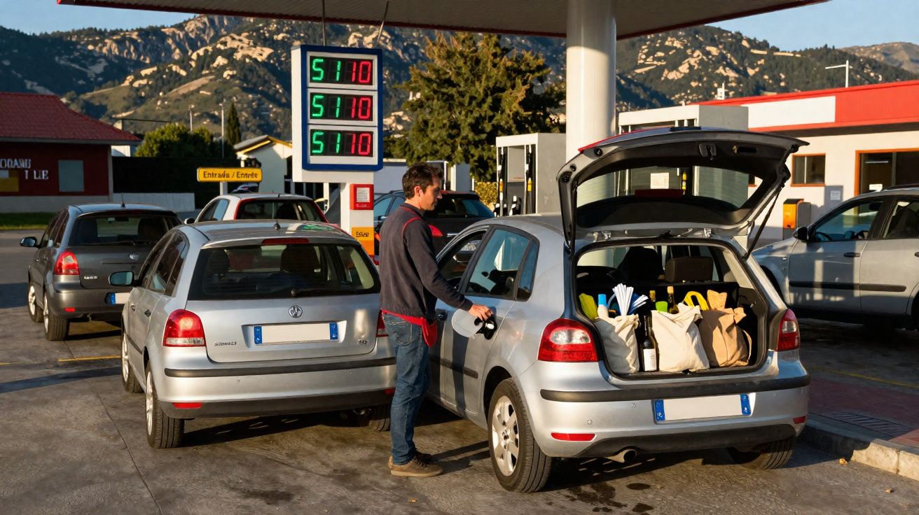 Homem a abastecer carro cinzento numa bomba de combustível com compras no porta-bagagens ao ar livre.