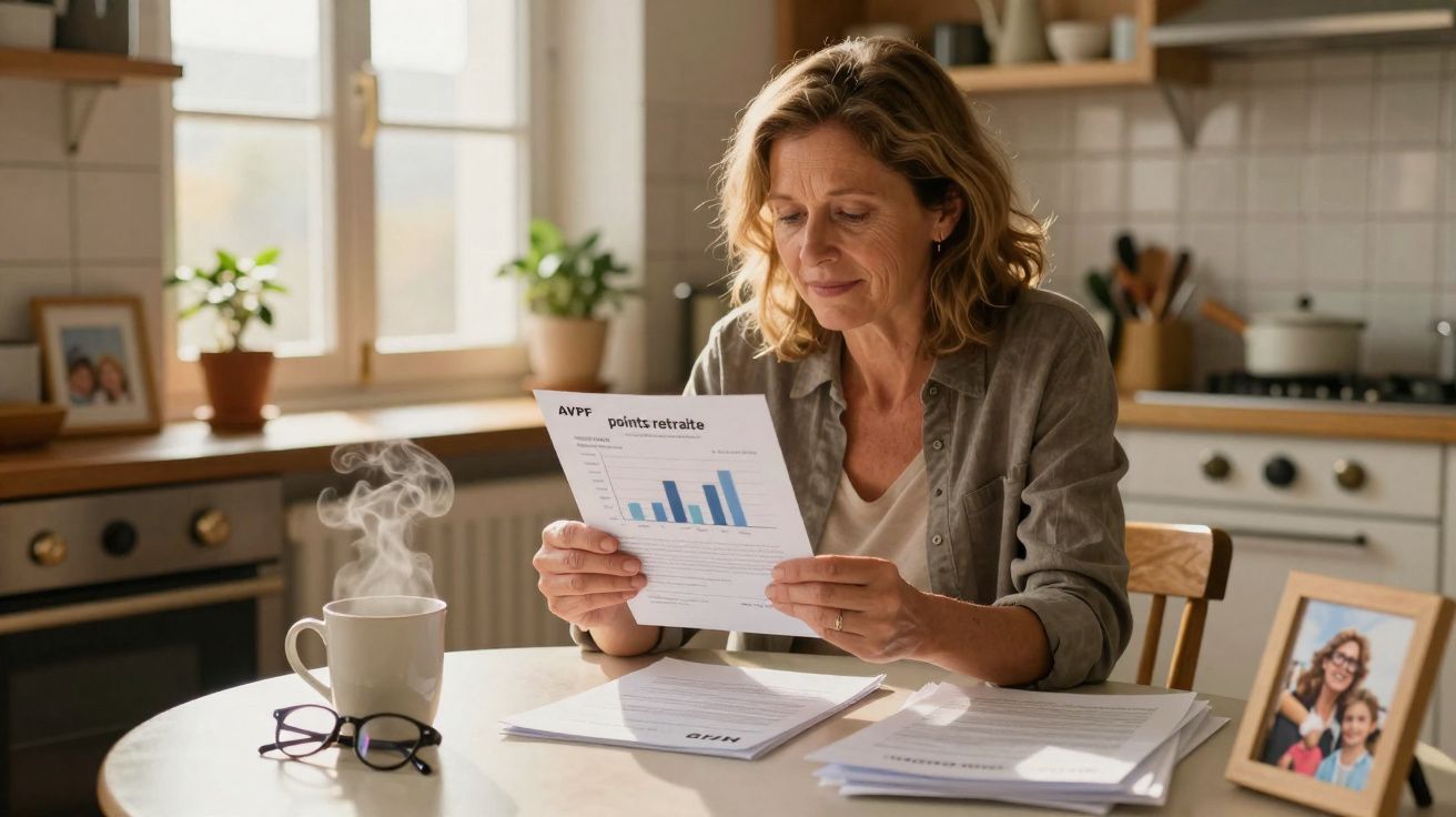Mulher sentada à mesa da cozinha a analisar gráficos em documentos com chá quente e óculos à frente.