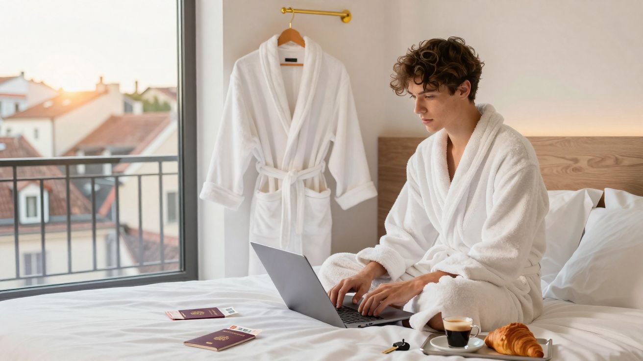 Jovem de roupão branco sentado na cama a usar portátil, com passaportes, café e croissant à frente.