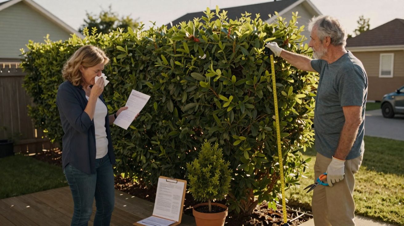 Casal idoso no jardim, mulher lê documento emocionada e homem mede arbusto com fita métrica.