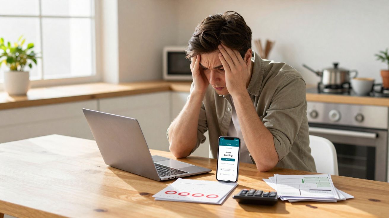 Homem preocupado com finanças sentado à mesa com computador, telemóvel e documentos na cozinha.