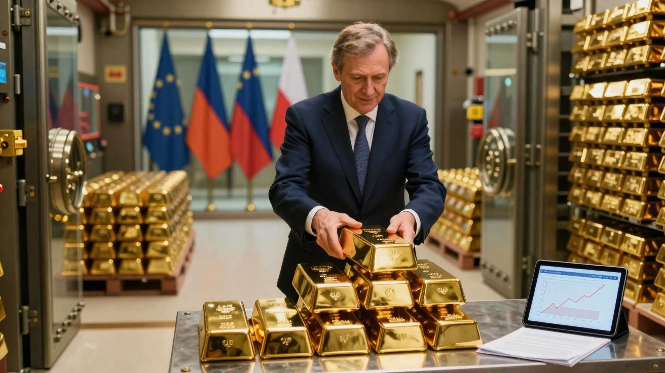 Homem em fato a organizar barras de ouro numa sala segura com três bandeiras ao fundo e gráfico num tablet.