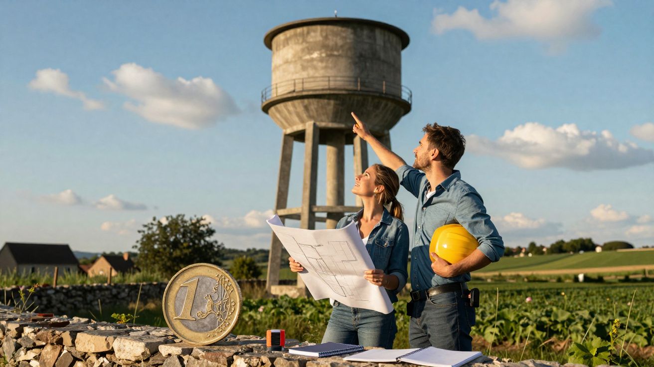 Dois arquitetos em campo com plantas e capacete, junto a um depósito de água antigo e moeda de euro em primeiro plano.