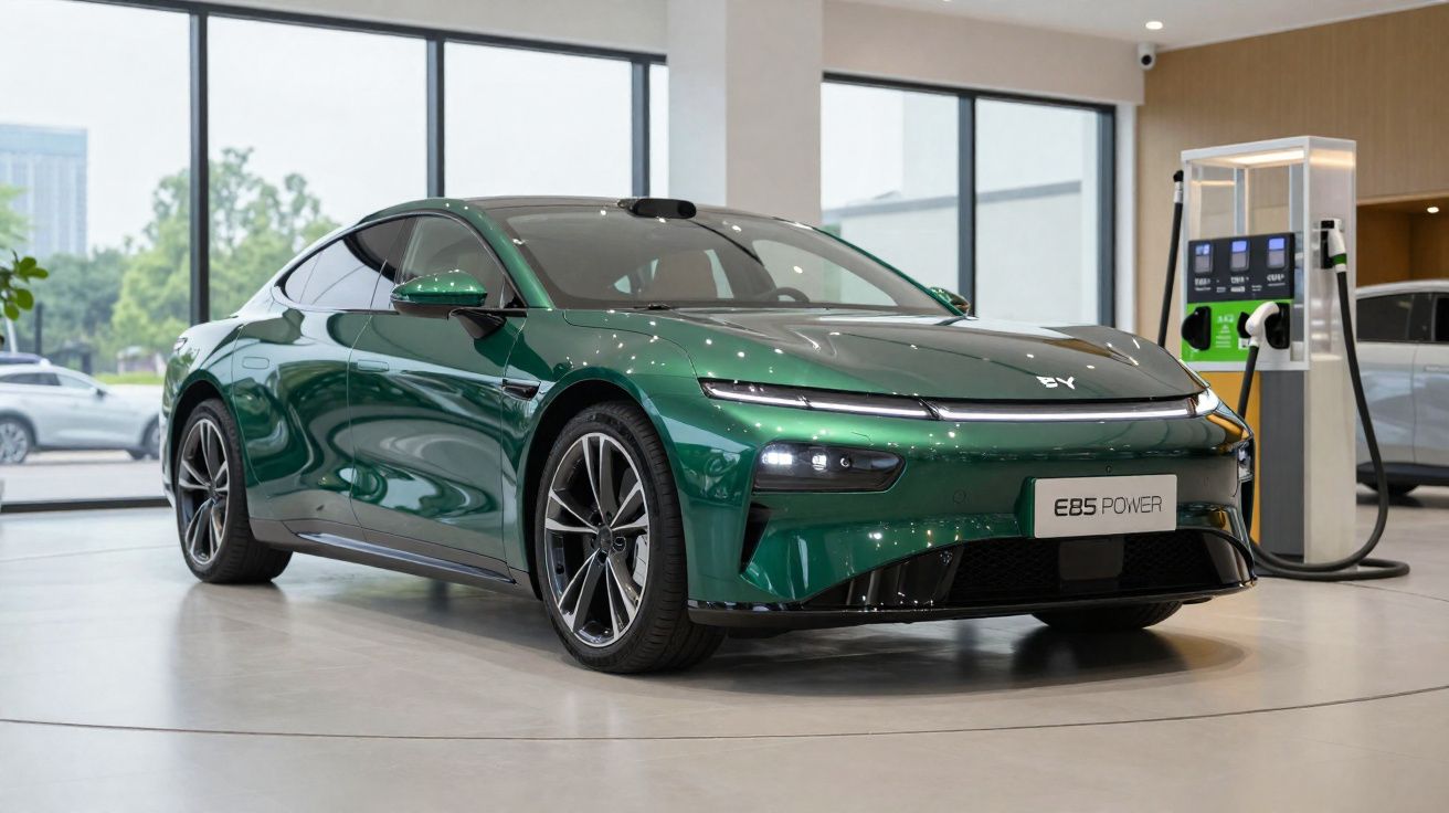 Carro elétrico verde modelo BYD E85 POWER exposto num showroom moderno com grandes janelas.