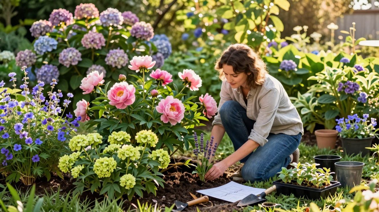 Mulher a plantar flores num jardim florido, rodeada de várias plantas e ferramentas de jardinagem.