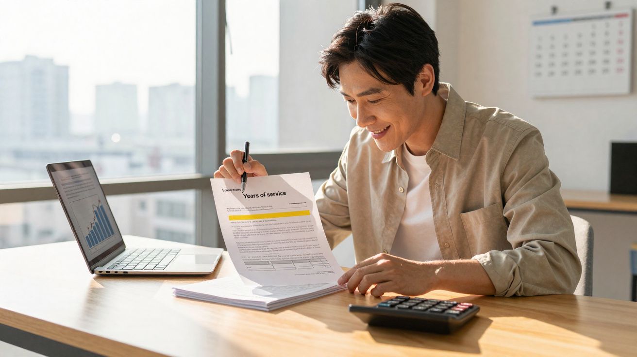 Homem sorridente sentado numa mesa de escritório a assinar documento com gráfico no computador portátil.
