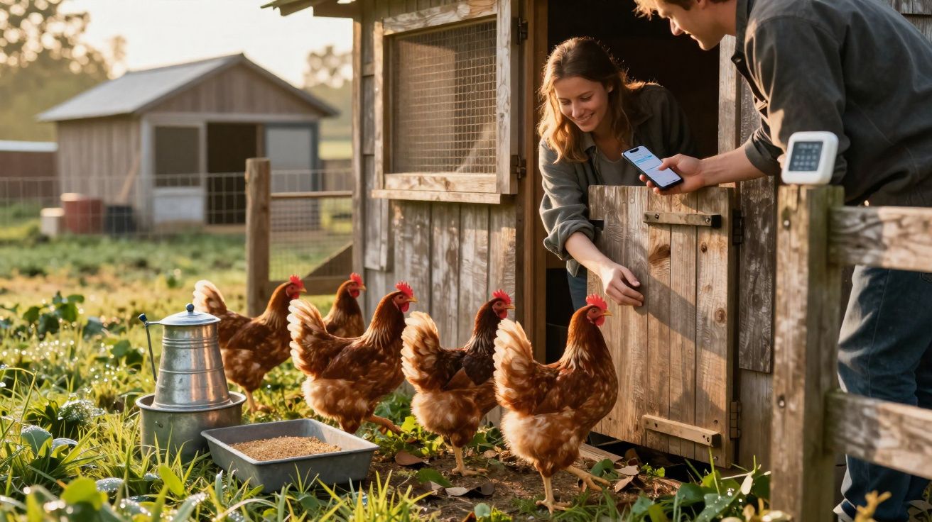Duas pessoas alimentam galinhas numa quinta ao final do dia, com um galinheiro ao fundo.