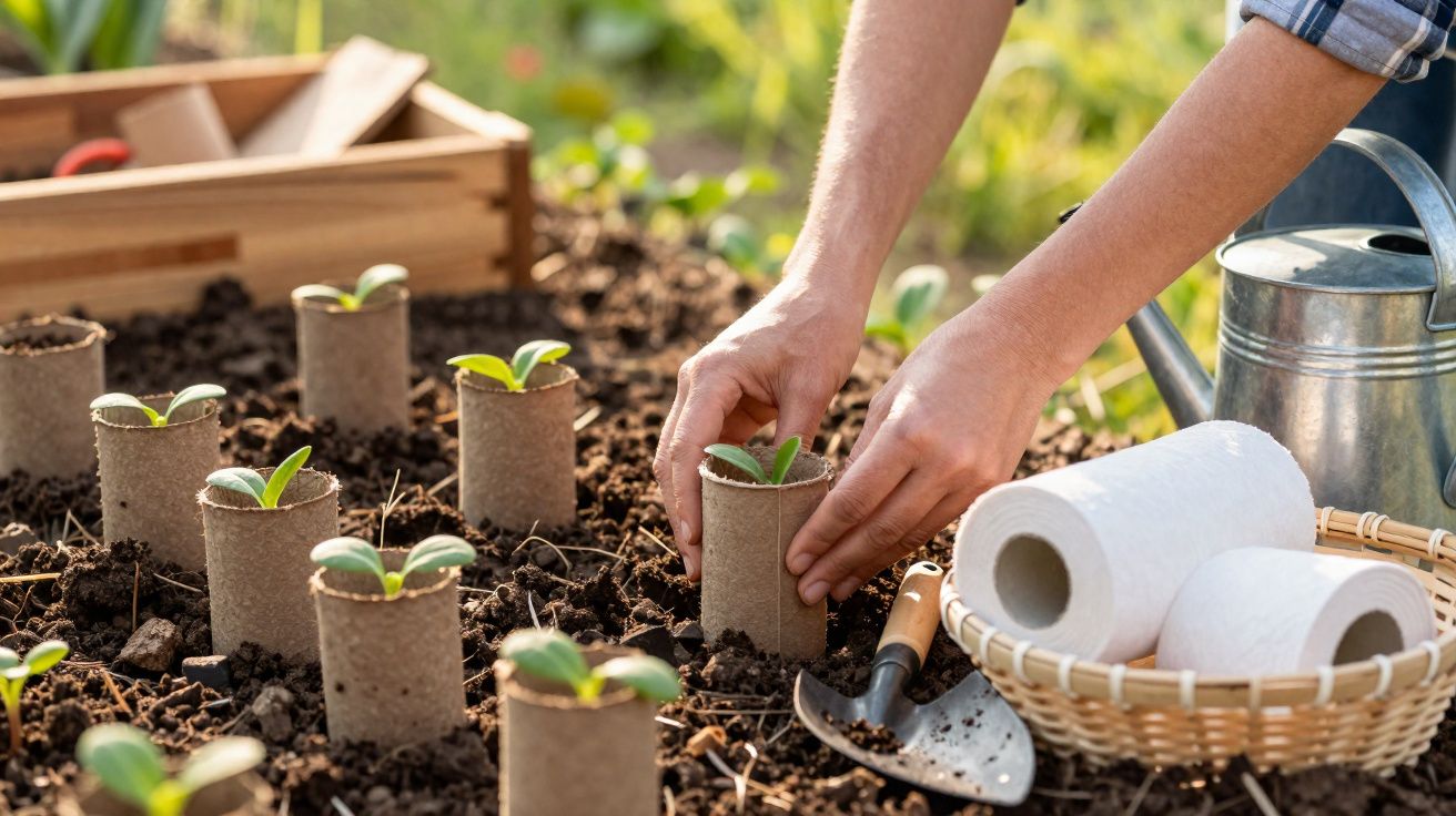 Pessoa a transplantar pequenas plantas em vasos biodegradáveis no solo de um jardim, com regador e ferramentas por perto.
