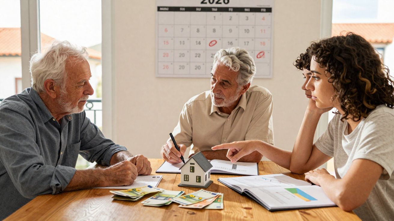 Três pessoas a discutir finanças e imóveis numa mesa com dinheiro, documentos e uma maquete de casa.