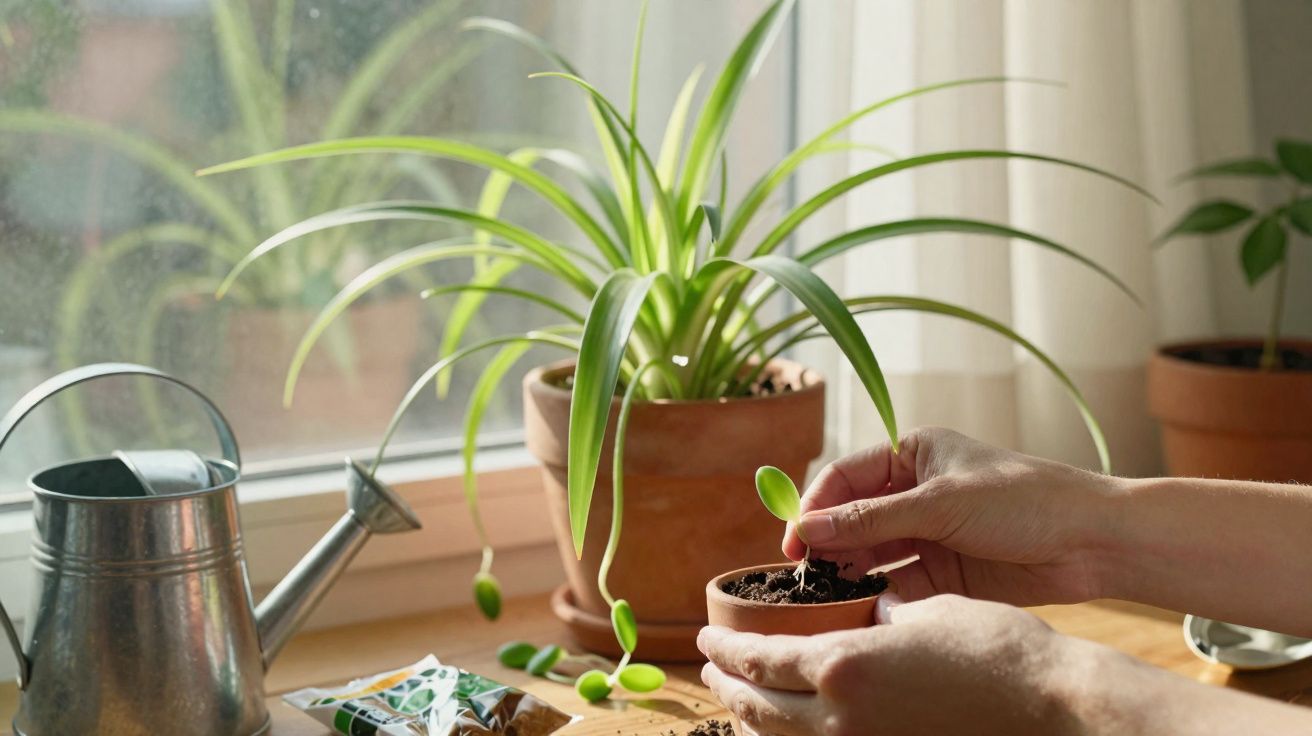 Mãos a transplantar muda em vaso pequeno junto a plantas e regador numa mesa junto à janela.