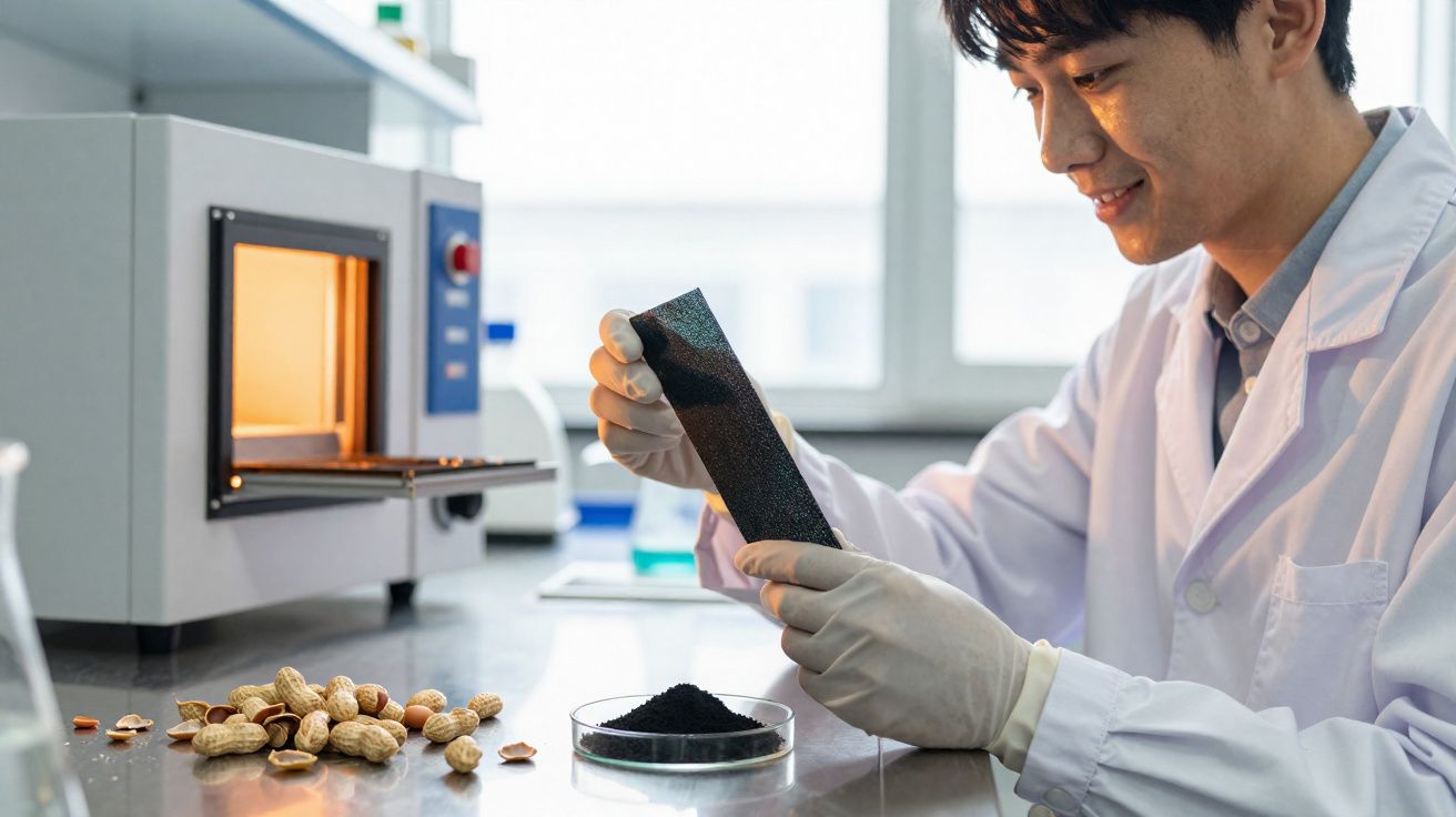 Cientista em laboratório, usando bata e luvas, analisa material preto ao lado de amendoins e forno.