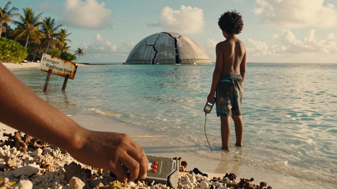 Menino com detector de radiação na água perto de praia com placa de perigo radioativo e domo partido no mar.