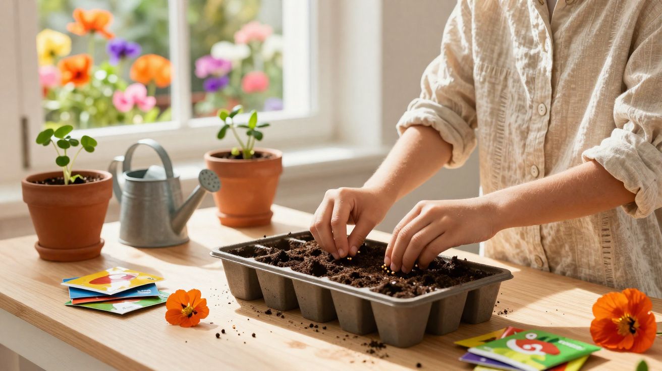 Pessoa a semear sementes em tabuleiro com terra, junto a vasos com plantas e regador numa mesa junto à janela.
