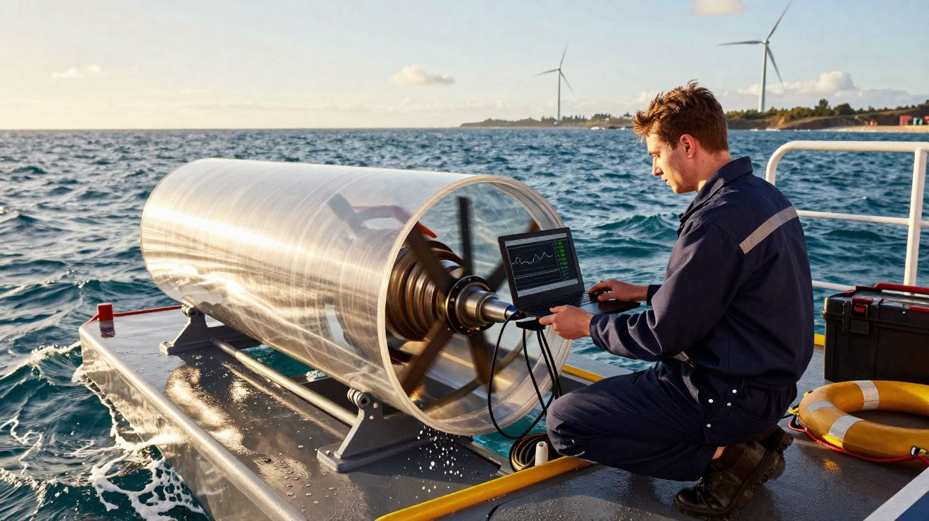 Engenheiro sentado em barco junto a turbina submersível de água, monitorizando dados num portátil no mar.
