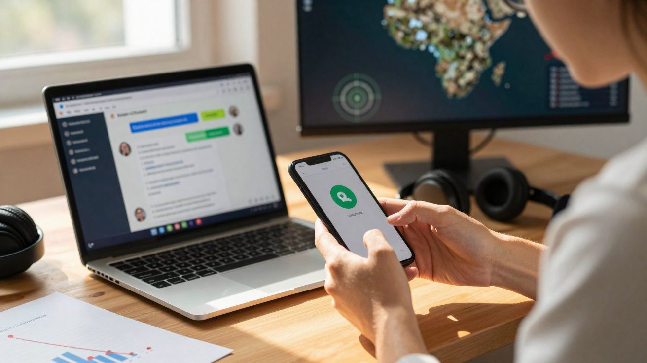 Pessoa a usar telemóvel com aplicação aberta em frente a portátil e monitor num ambiente de trabalho.