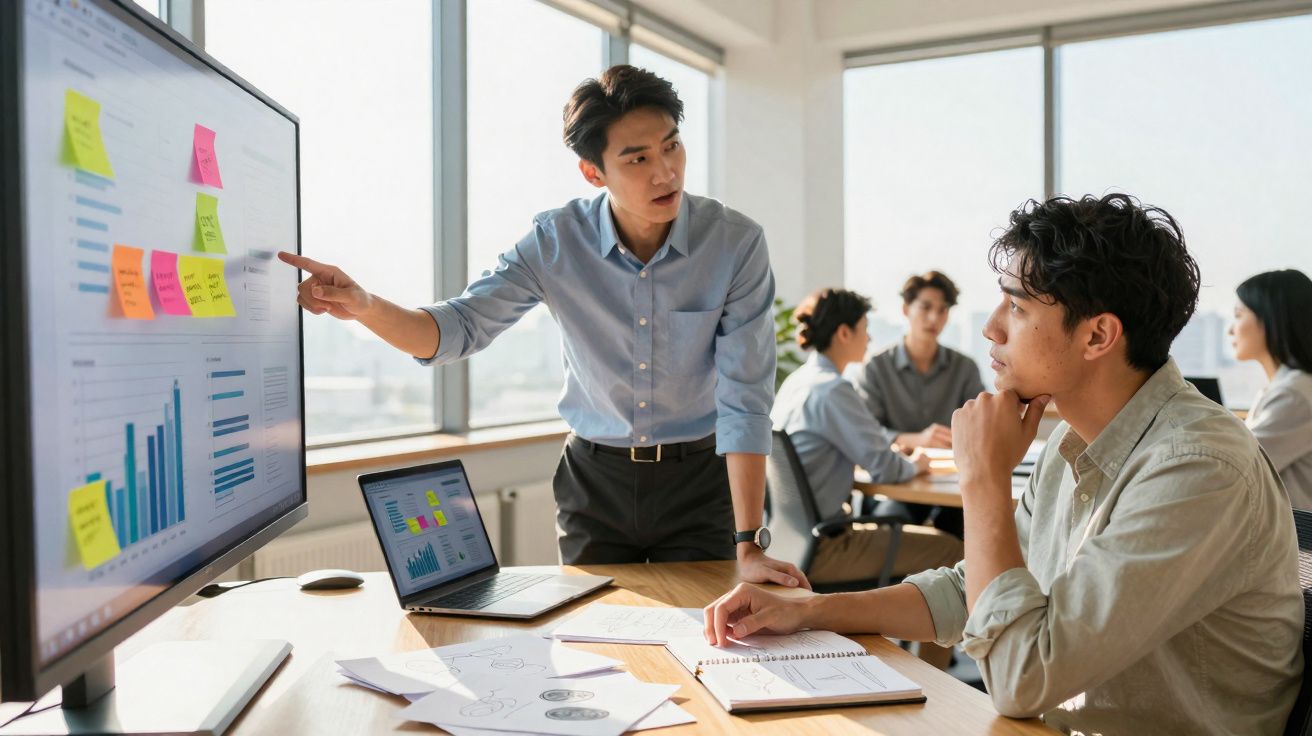Jovem apresenta dados em ecrã com gráficos e notas adesivas, enquanto outro ouve atentamente numa reunião de escritório.