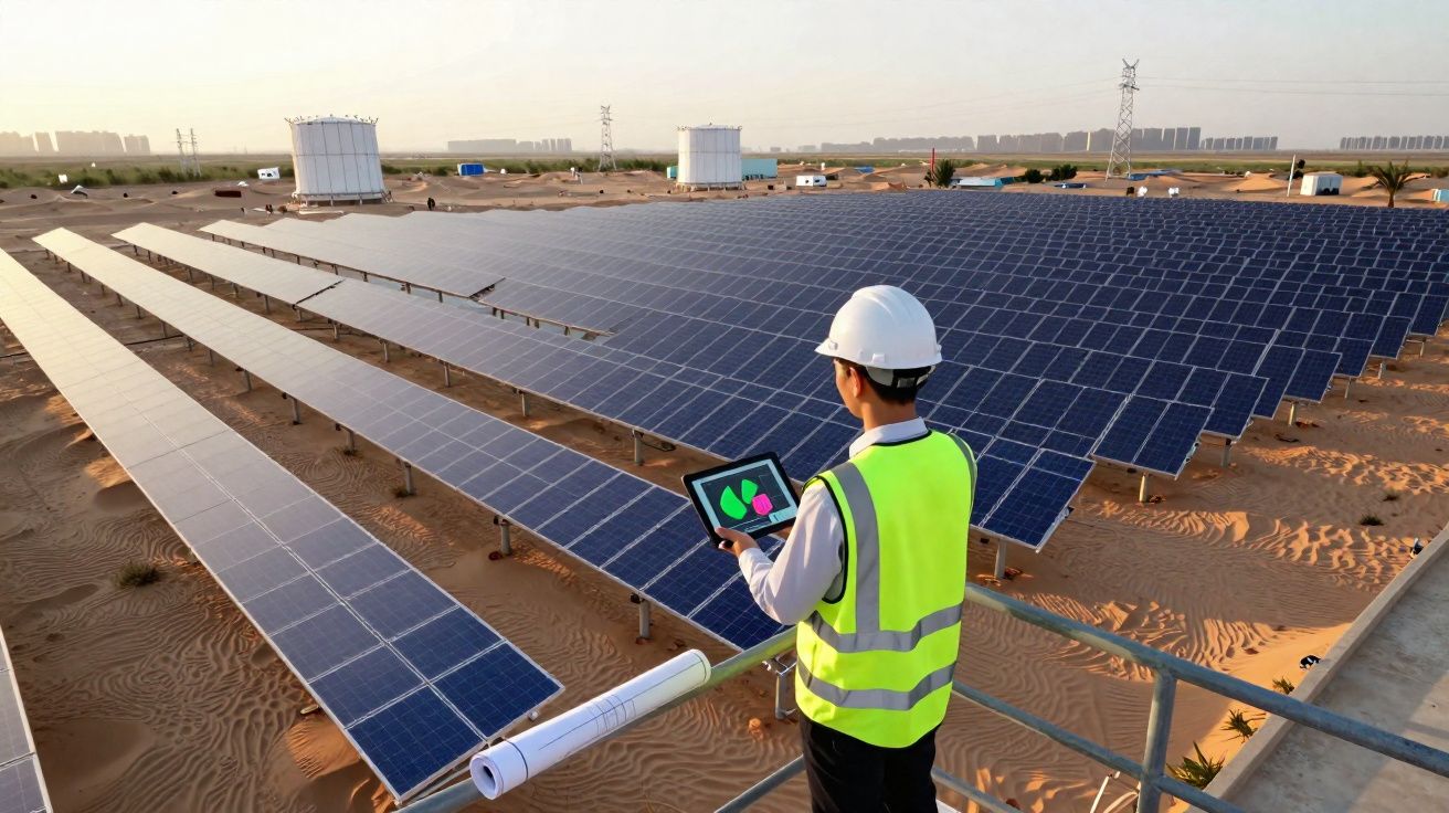 Engenheiro com colete e capacete analisa dados em tablet junto a painéis solares em área desértica.