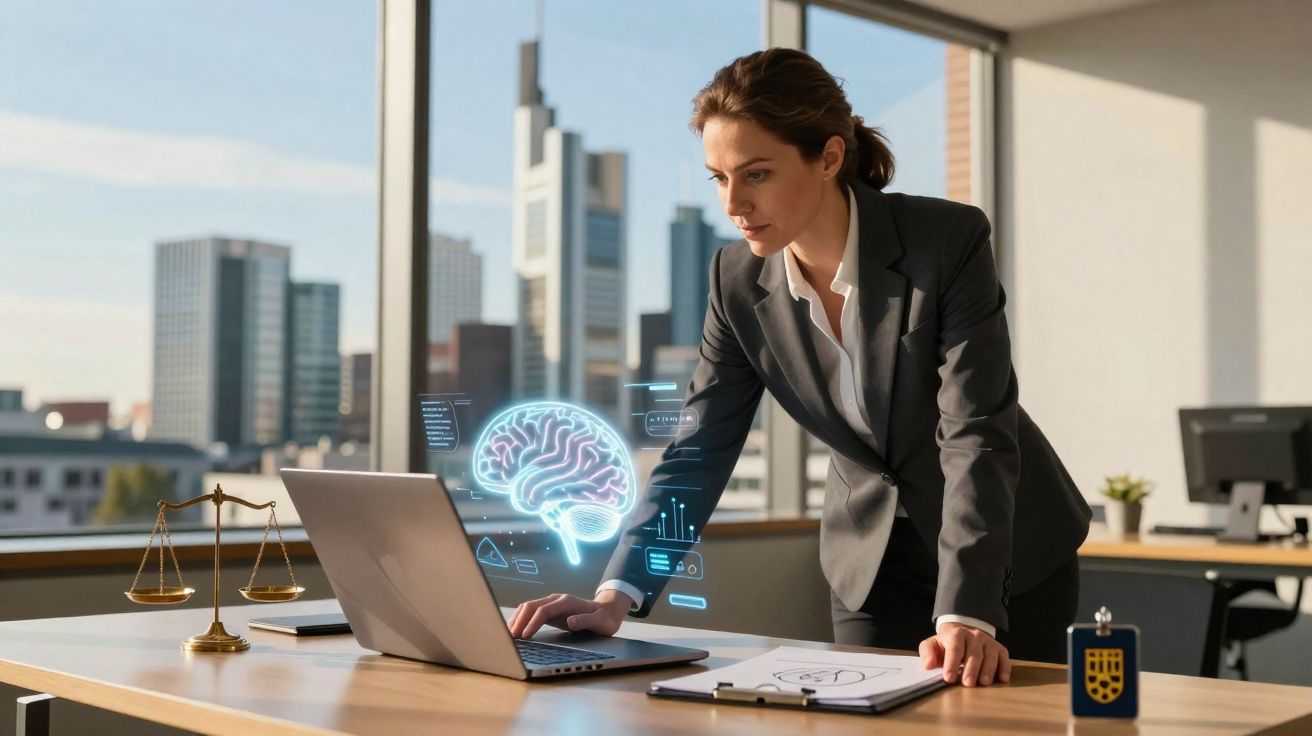 Mulher de negócios em escritório moderno analisa holograma de cérebro projetado do portátil, símbolo de inteligência artifici