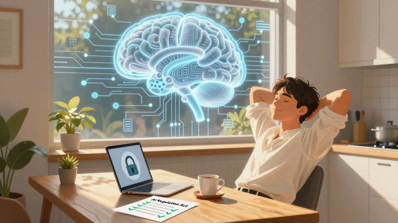 Homem relaxa numa cozinha com holograma de cérebro digital, laptop aberto e documento AI Regulation Act na mesa.