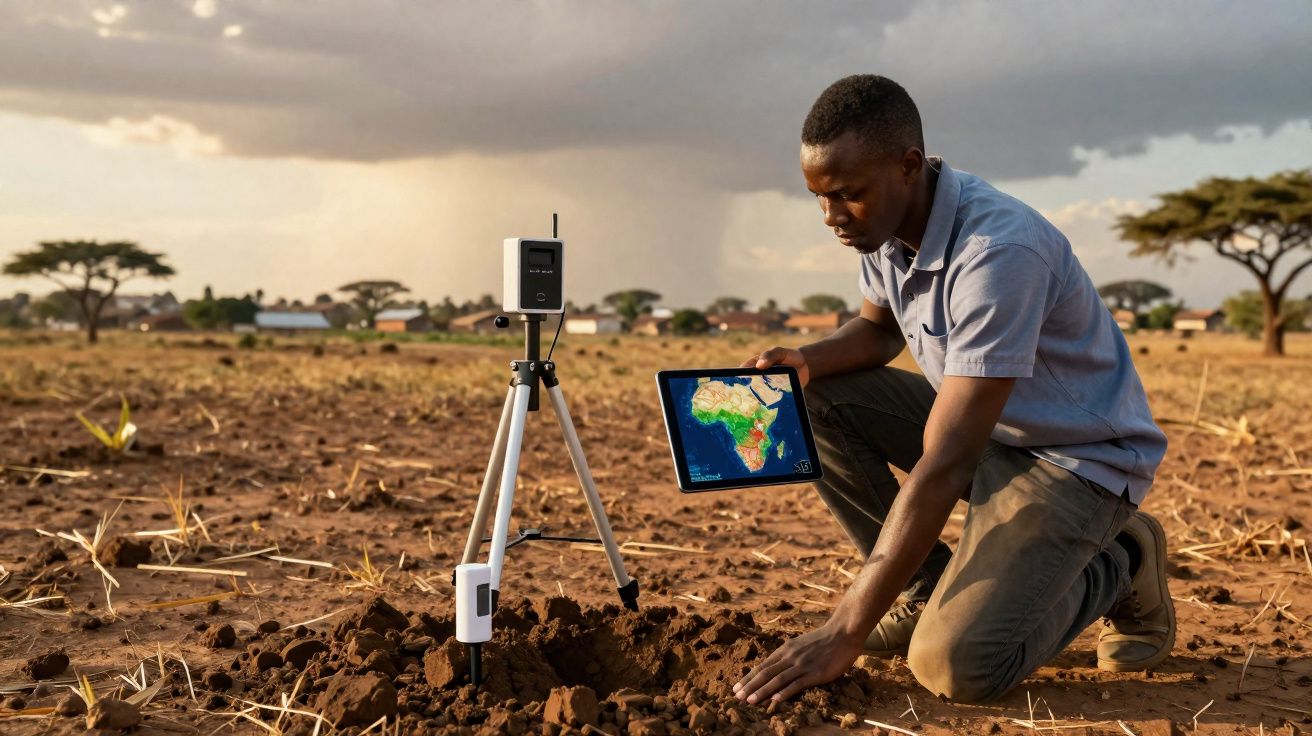 Homem africano ajoelhado numa terra seca a analisar dados de satélite num tablet, com instrumento de medição instalado.