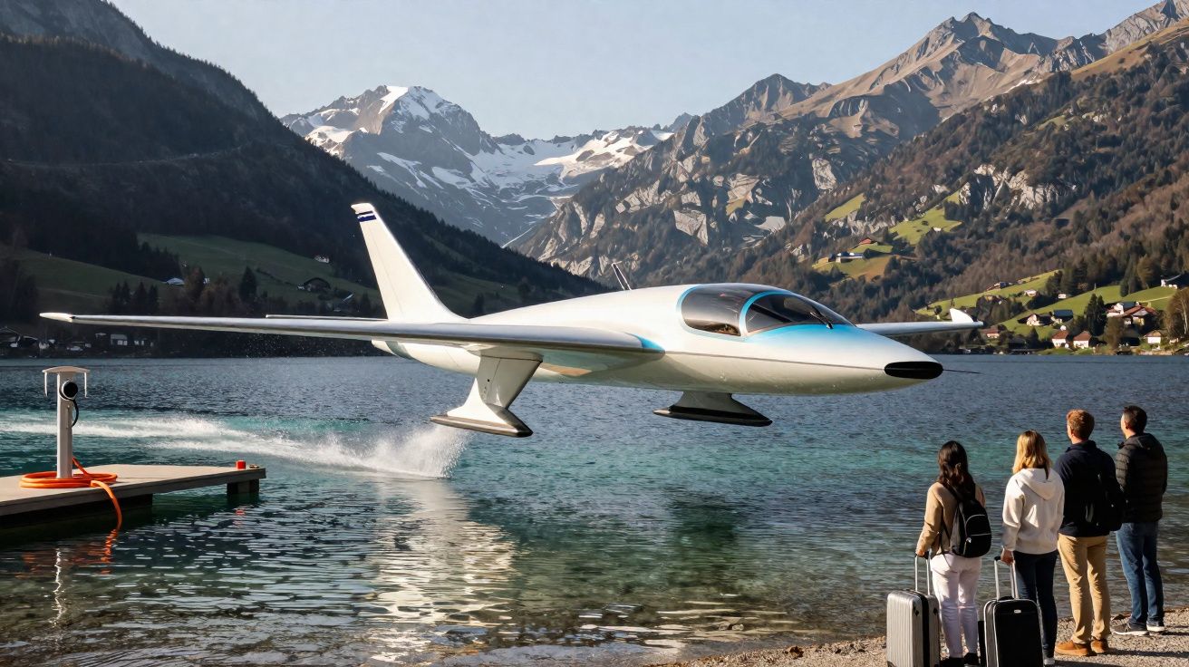Avião elétrico a descolar sobre um lago, rodeado por montanhas nevadas, com quatro pessoas a observar na margem.