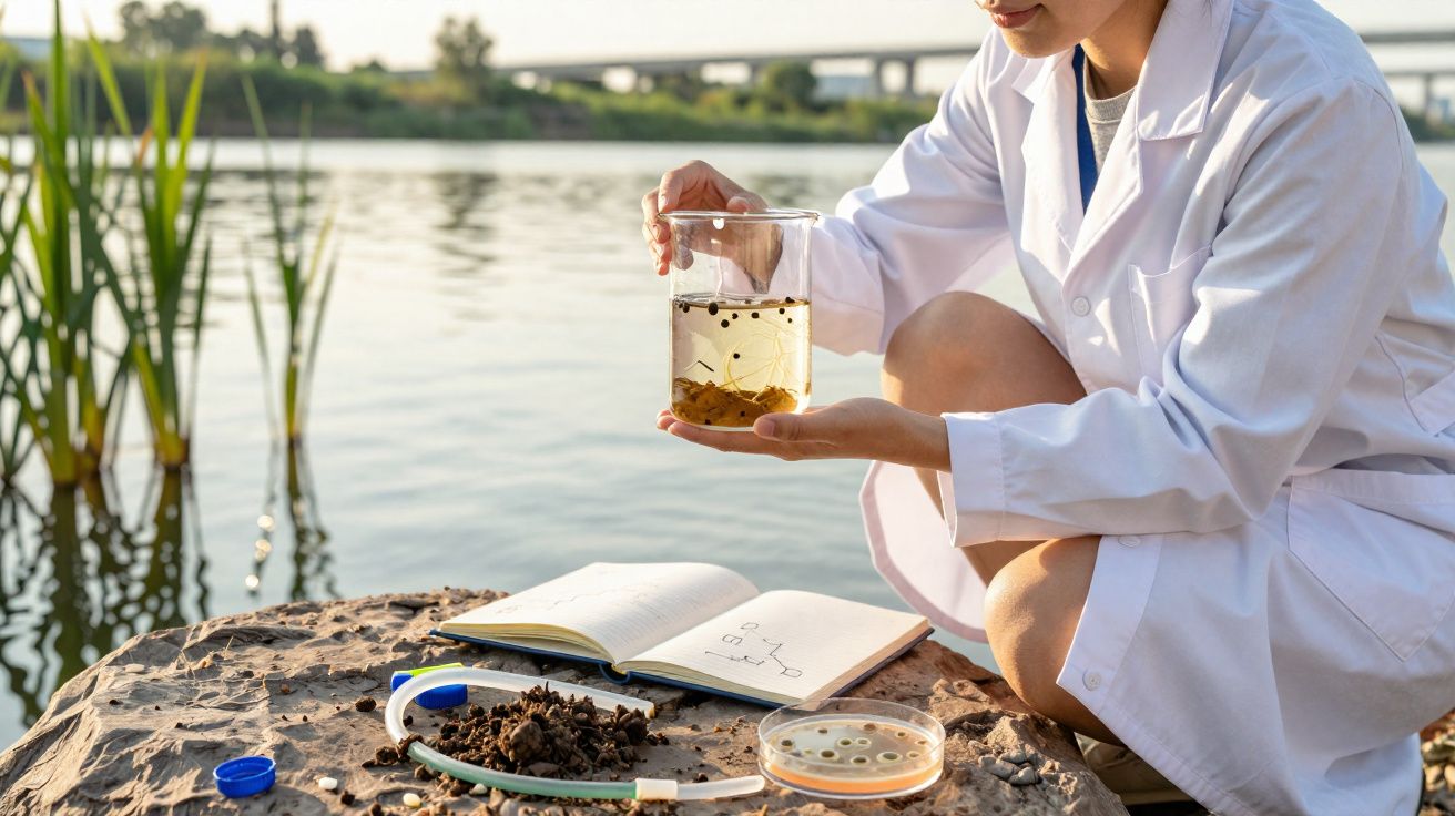Cientista em bata branca analisa amostra de água junto a rio com material de laboratório e caderno aberto.