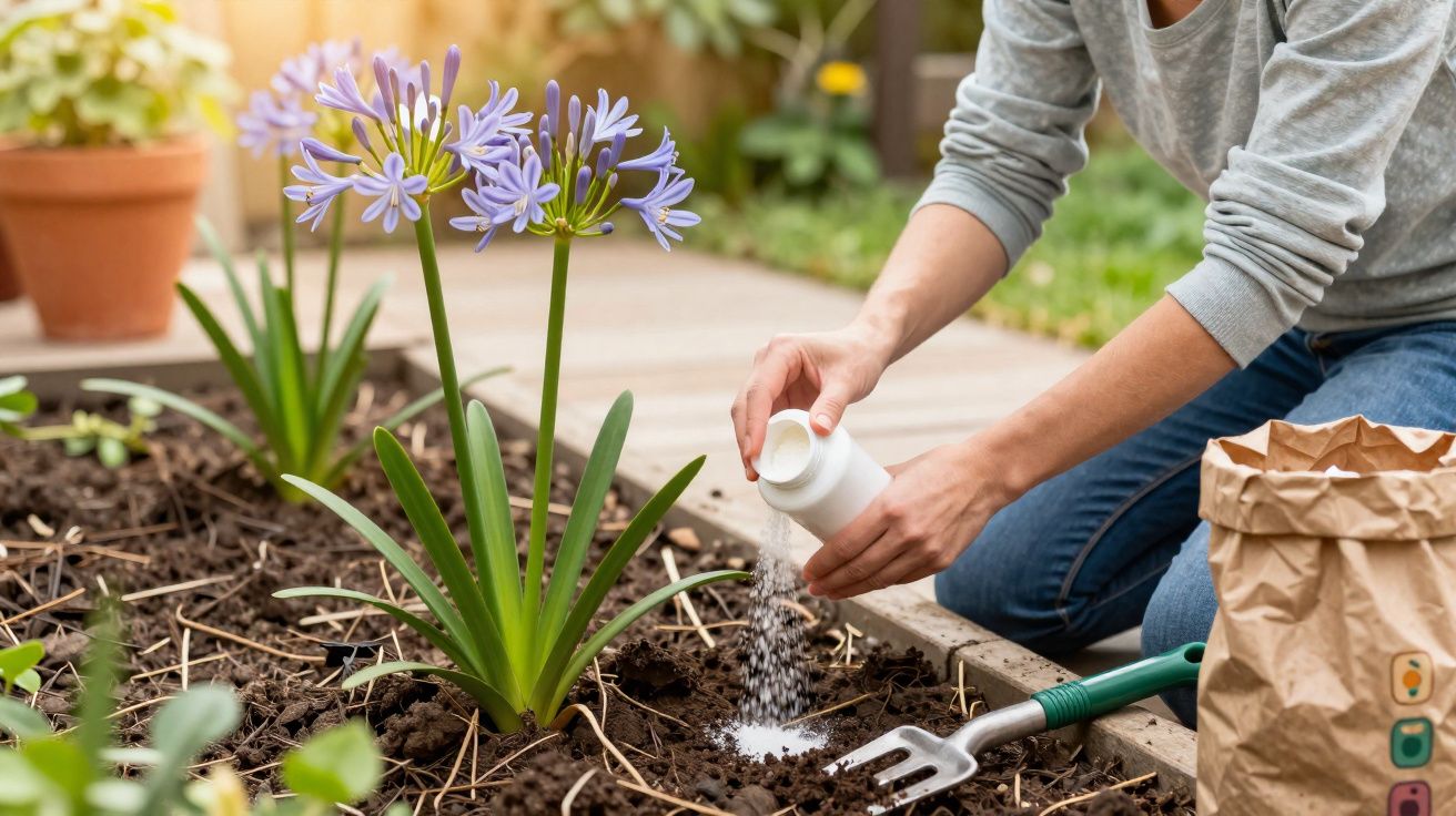 Pessoa a fertilizar planta de flores roxas num canteiro de jardim com terra solta.