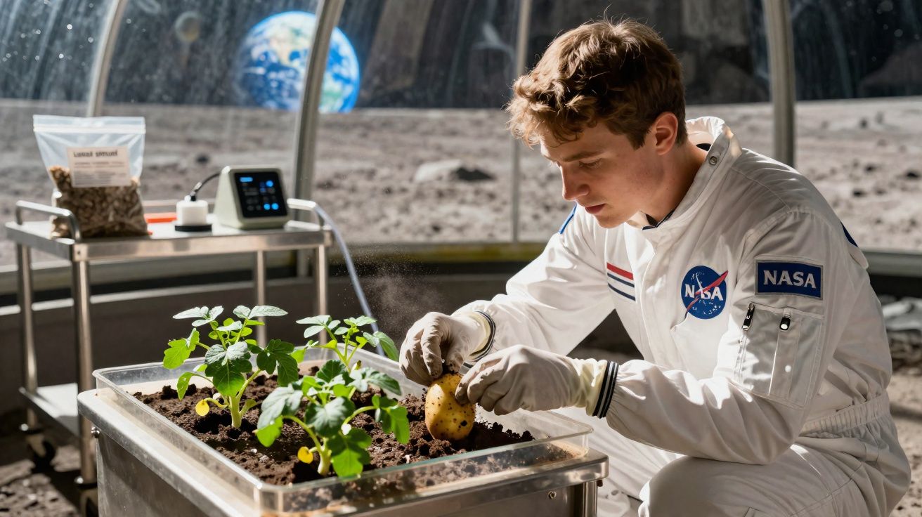 Astronauta cultiva plantas num ambiente lunar simulado com vista da Terra no espaço através da janela.
