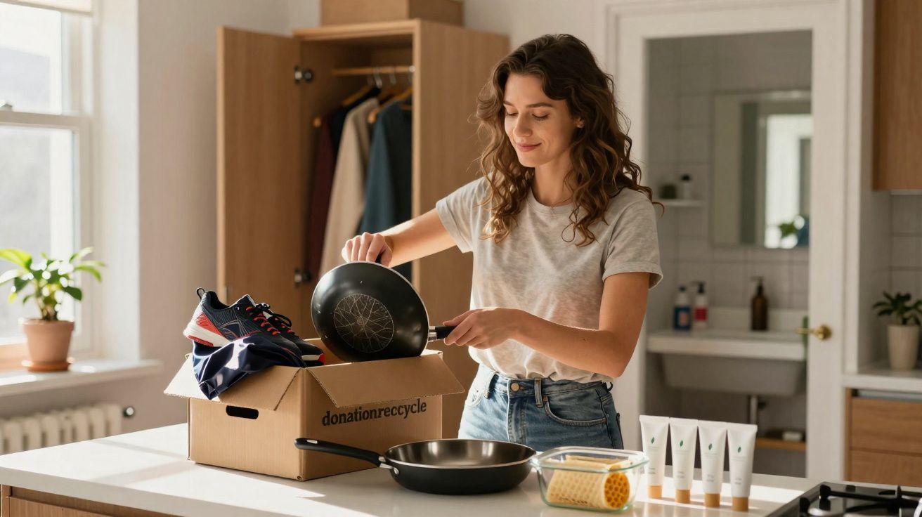 Mulher a colocar frigideira numa caixa de donativos numa cozinha luminosa e organizada.